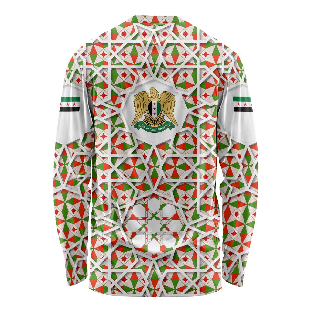 Syria Geometric Pattern Long Sleeve Shirt with Traditional Arab Tile Motif and Flag Emblem