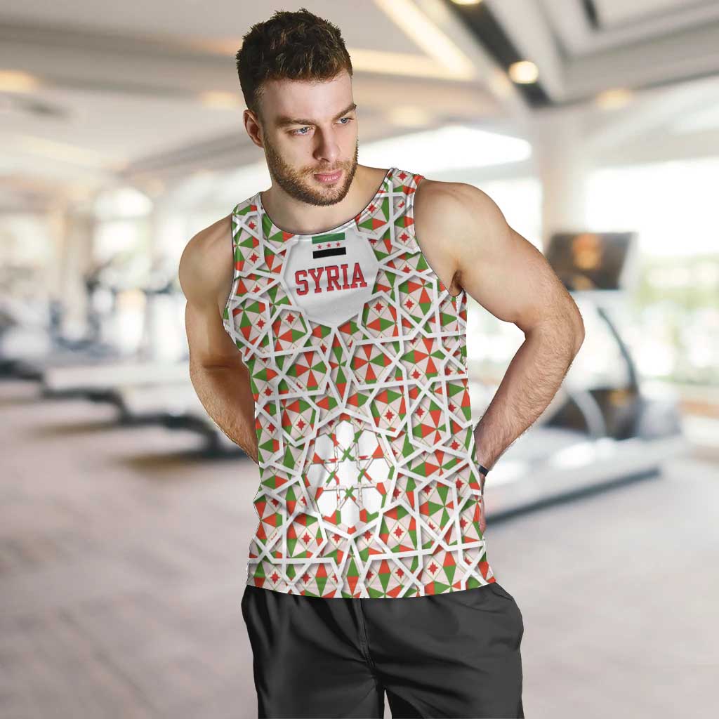 Syria Geometric Pattern Men Tank Top with Traditional Arab Tile Motif and Flag Emblem