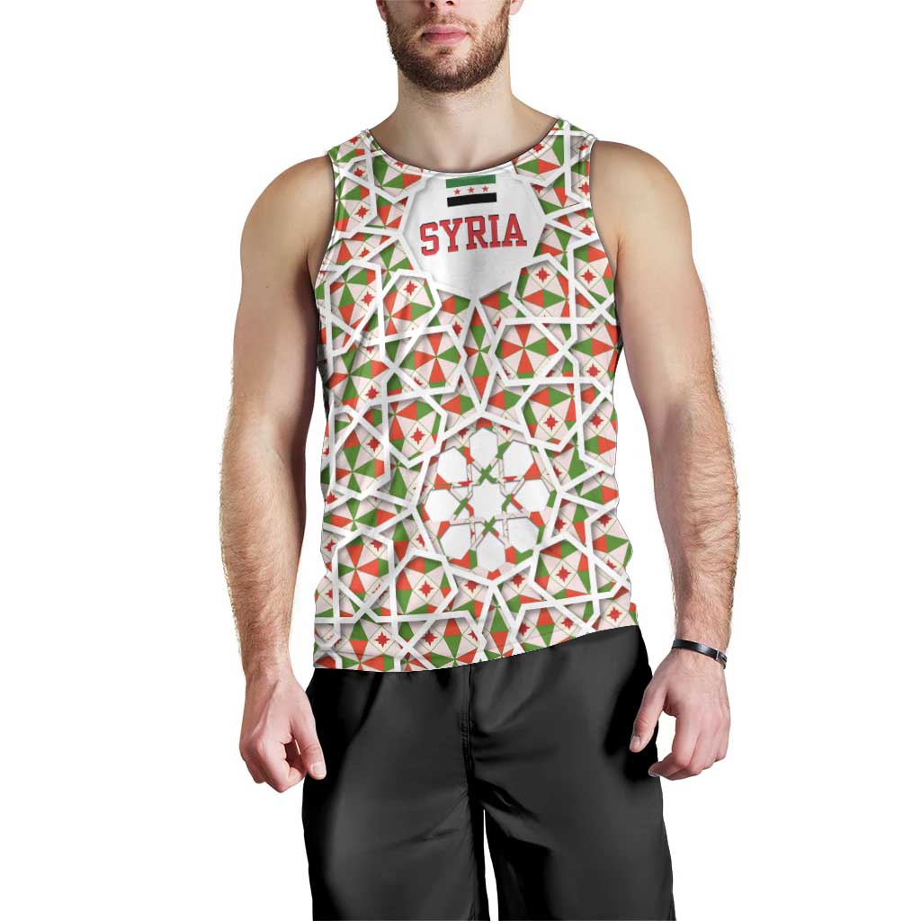 Syria Geometric Pattern Men Tank Top with Traditional Arab Tile Motif and Flag Emblem