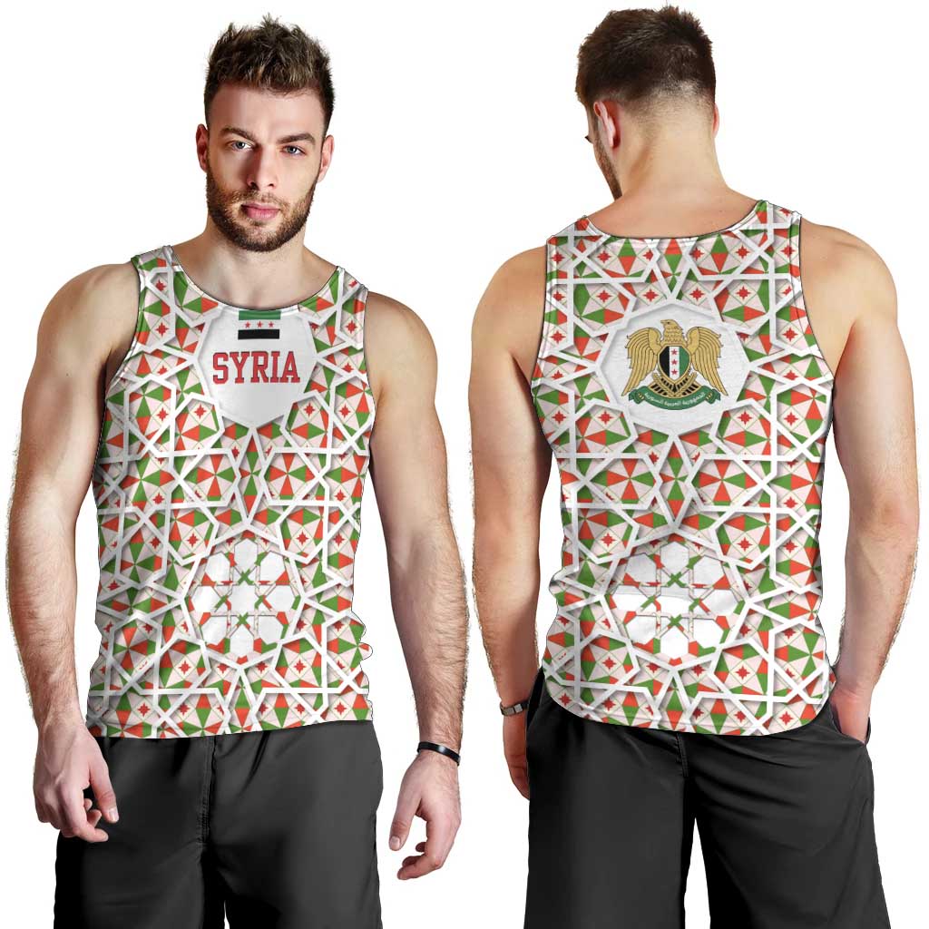 Syria Geometric Pattern Men Tank Top with Traditional Arab Tile Motif and Flag Emblem