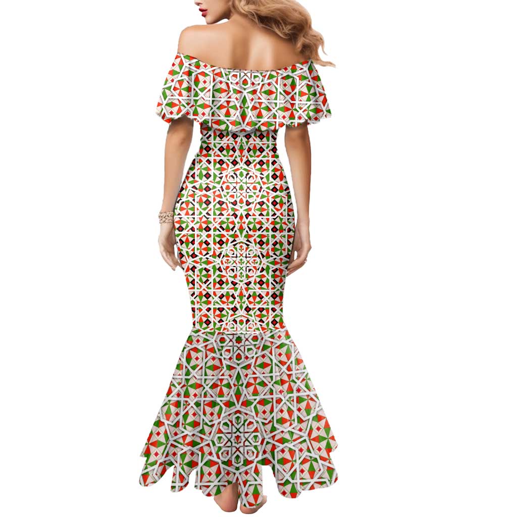 Syria Geometric Pattern Mermaid Dress with Traditional Arab Tile Motif and Flag Emblem