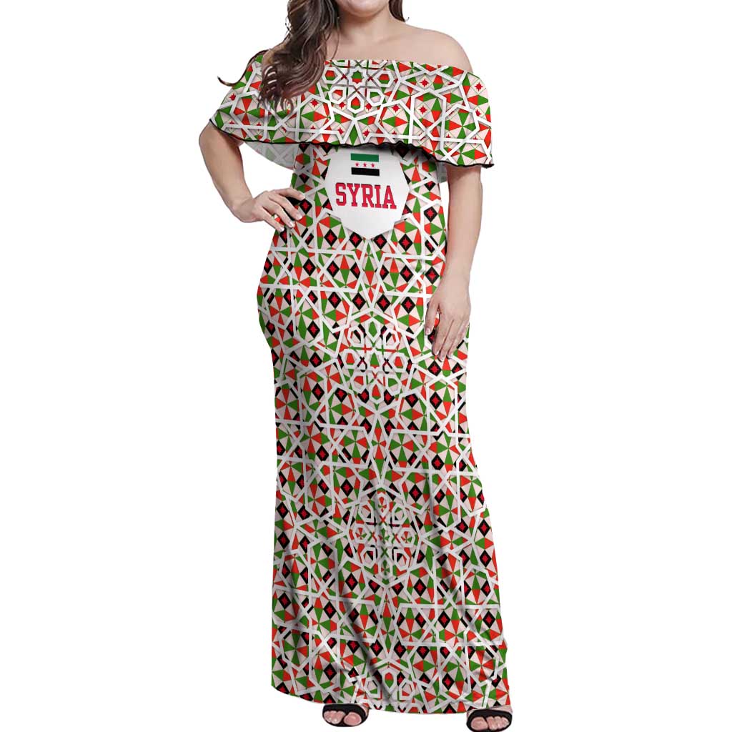Syria Geometric Pattern Off Shoulder Maxi Dress with Traditional Arab Tile Motif and Flag Emblem