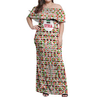 Syria Geometric Pattern Off Shoulder Maxi Dress with Traditional Arab Tile Motif and Flag Emblem