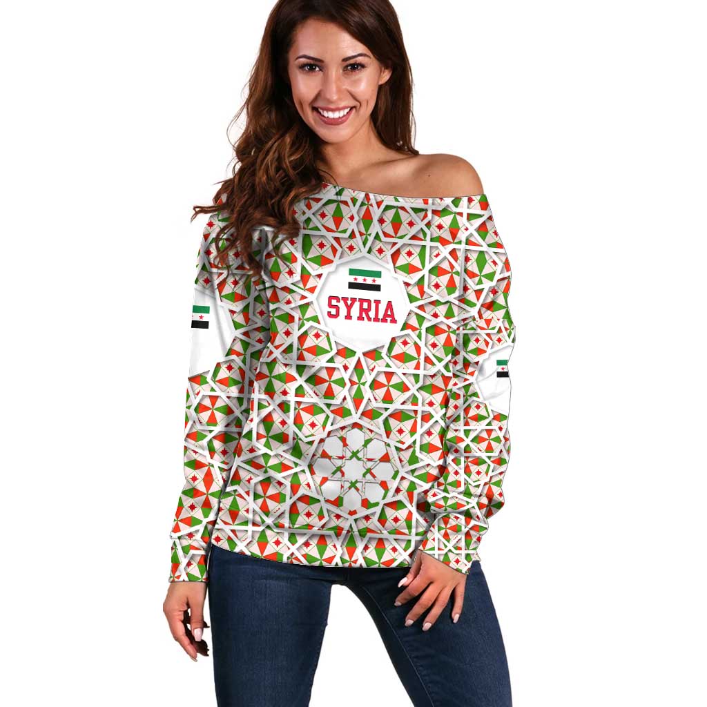 Syria Geometric Pattern Off Shoulder Sweater with Traditional Arab Tile Motif and Flag Emblem