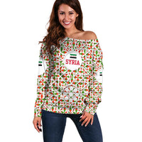 Syria Geometric Pattern Off Shoulder Sweater with Traditional Arab Tile Motif and Flag Emblem