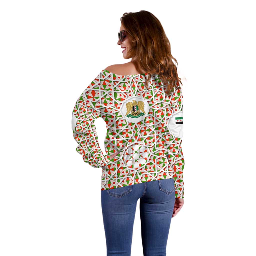Syria Geometric Pattern Off Shoulder Sweater with Traditional Arab Tile Motif and Flag Emblem