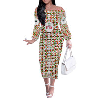 Syria Geometric Pattern Off The Shoulder Long Sleeve Dress with Traditional Arab Tile Motif and Flag Emblem