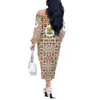 Syria Geometric Pattern Off The Shoulder Long Sleeve Dress with Traditional Arab Tile Motif and Flag Emblem