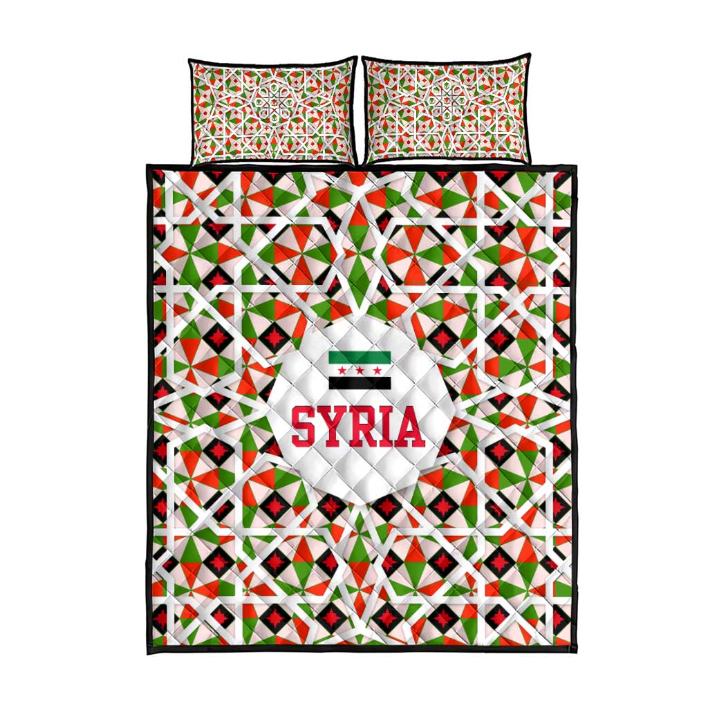 Syria Geometric Pattern Quilt Bed Set with Traditional Arab Tile Motif and Flag Emblem