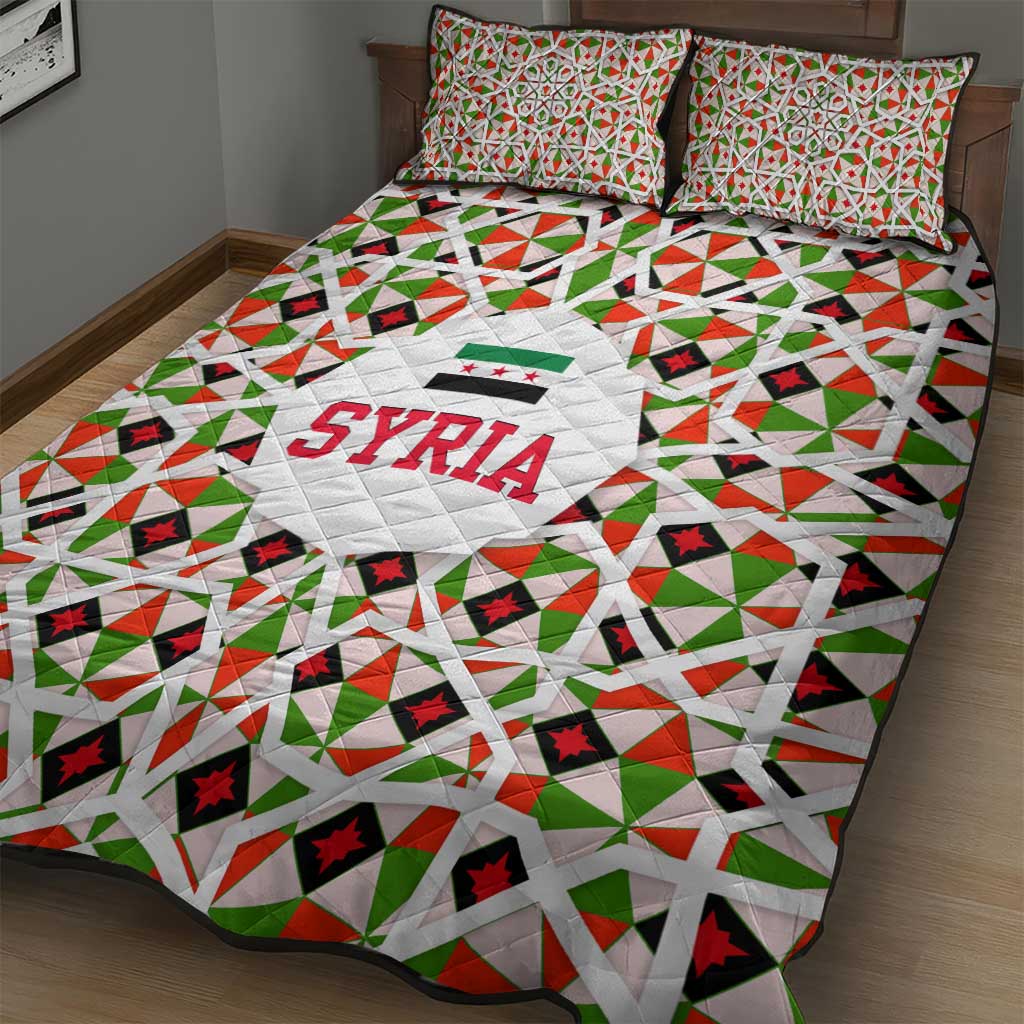 Syria Geometric Pattern Quilt Bed Set with Traditional Arab Tile Motif and Flag Emblem