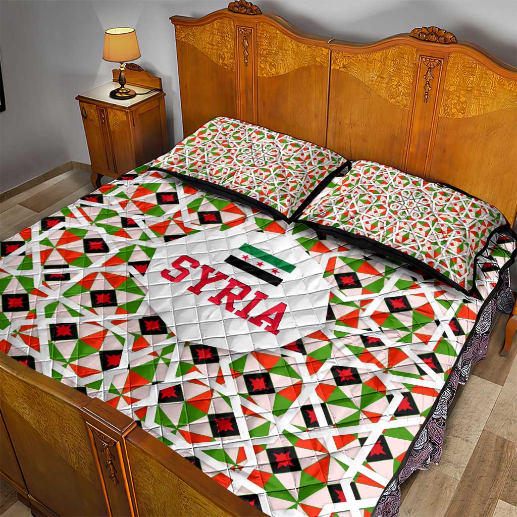 Syria Geometric Pattern Quilt Bed Set with Traditional Arab Tile Motif and Flag Emblem