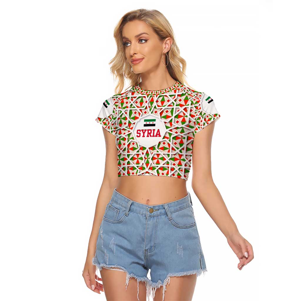 Syria Geometric Pattern Raglan Cropped T Shirt with Traditional Arab Tile Motif and Flag Emblem