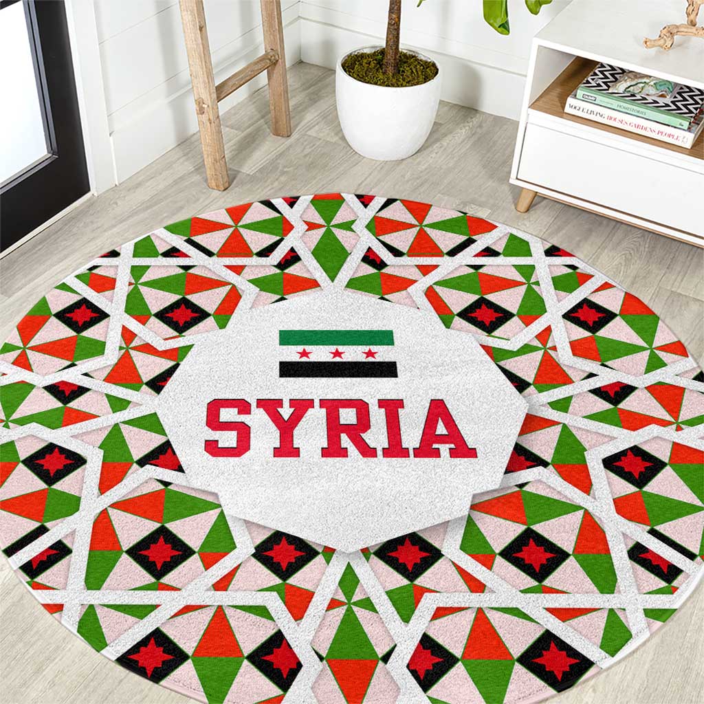 Syria Geometric Pattern Round Carpet with Traditional Arab Tile Motif and Flag Emblem