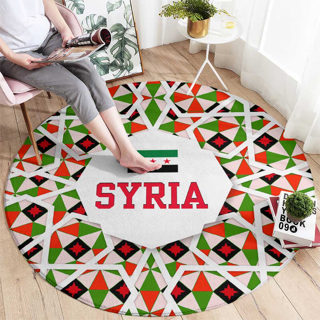 Syria Geometric Pattern Round Carpet with Traditional Arab Tile Motif and Flag Emblem
