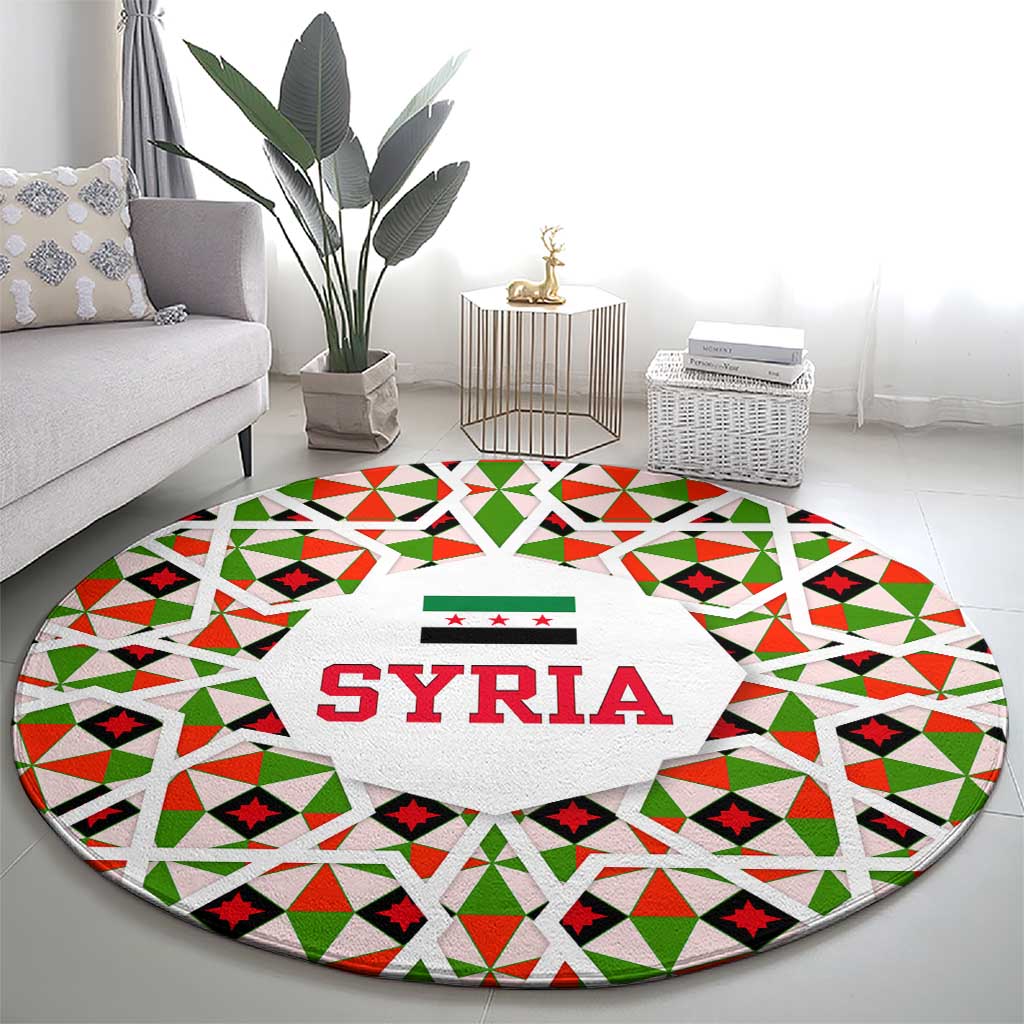 Syria Geometric Pattern Round Carpet with Traditional Arab Tile Motif and Flag Emblem
