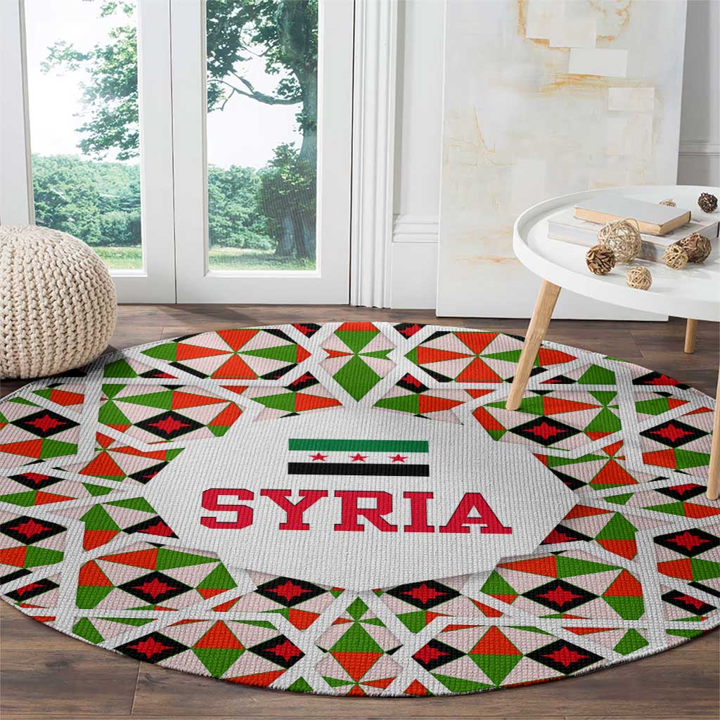 Syria Geometric Pattern Round Carpet with Traditional Arab Tile Motif and Flag Emblem
