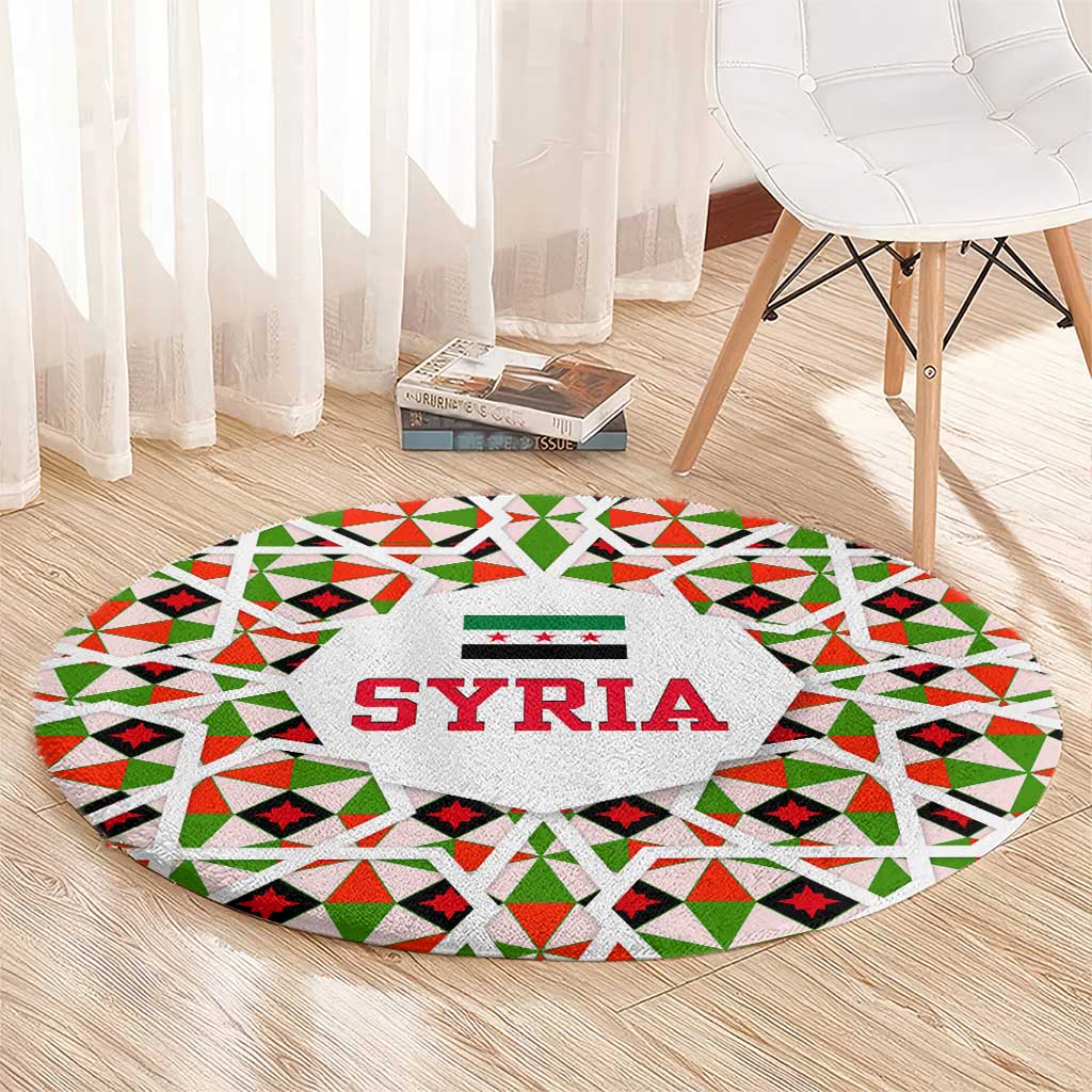 Syria Geometric Pattern Round Carpet with Traditional Arab Tile Motif and Flag Emblem