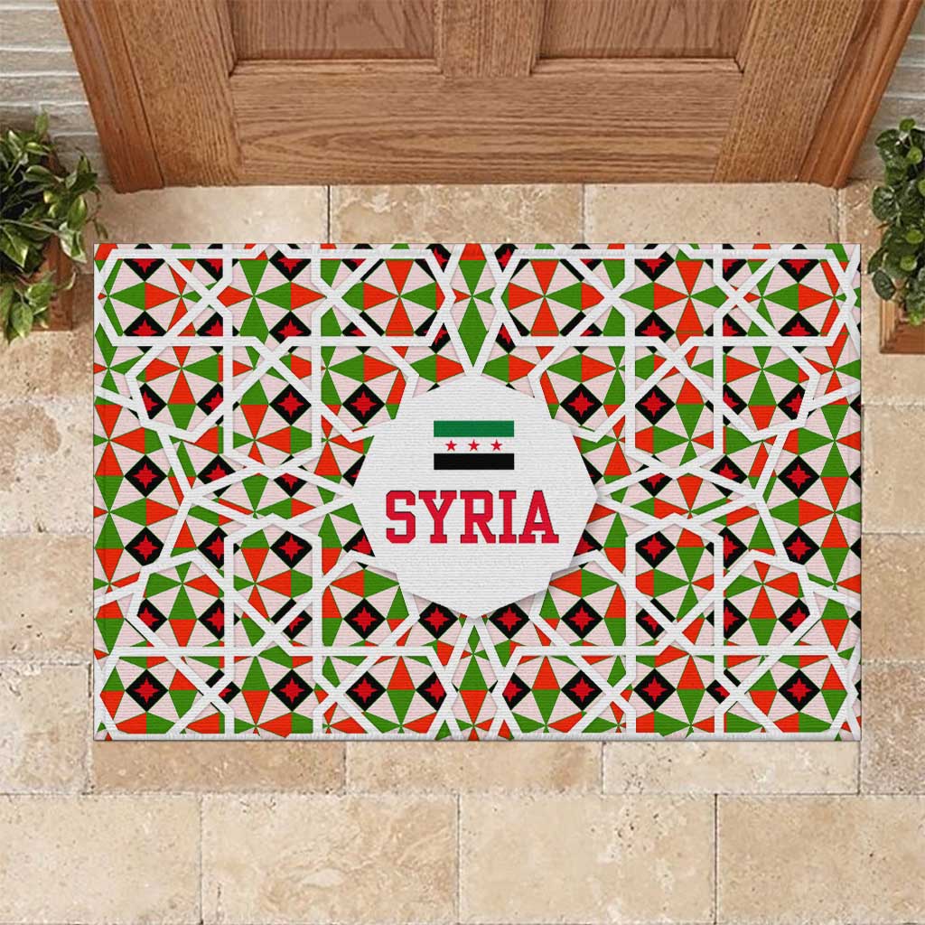 Syria Geometric Pattern Rubber Doormat with Traditional Arab Tile Motif and Flag Emblem