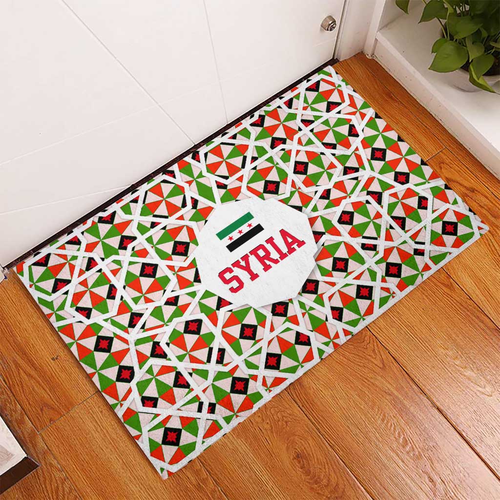 Syria Geometric Pattern Rubber Doormat with Traditional Arab Tile Motif and Flag Emblem