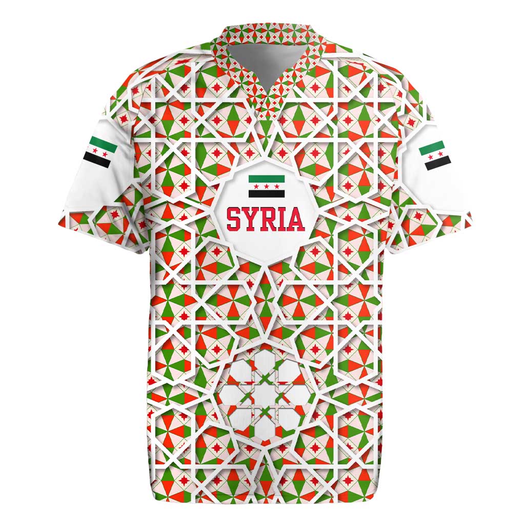 Syria Geometric Pattern Rugby Jersey with Traditional Arab Tile Motif and Flag Emblem