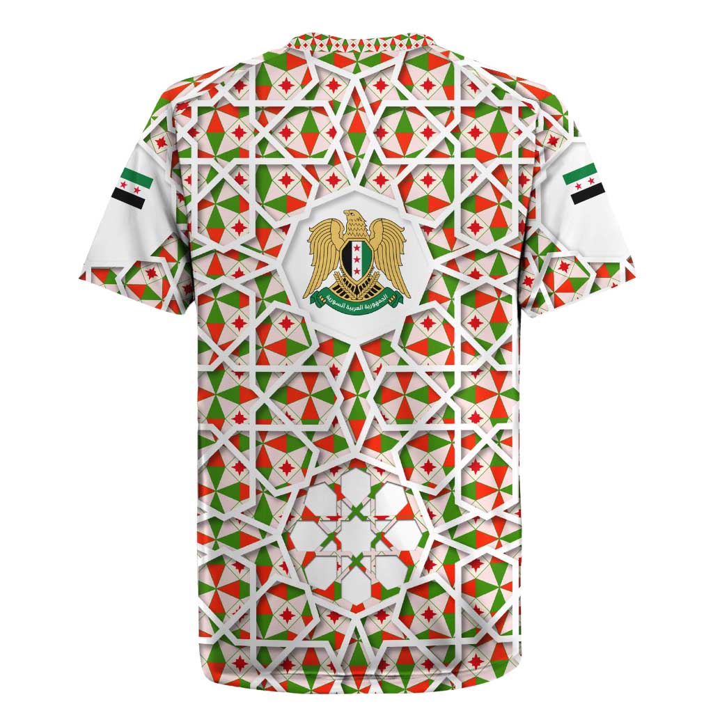 Syria Geometric Pattern Rugby Jersey with Traditional Arab Tile Motif and Flag Emblem