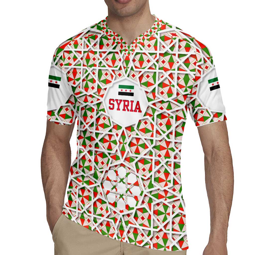 Syria Geometric Pattern Rugby Jersey with Traditional Arab Tile Motif and Flag Emblem