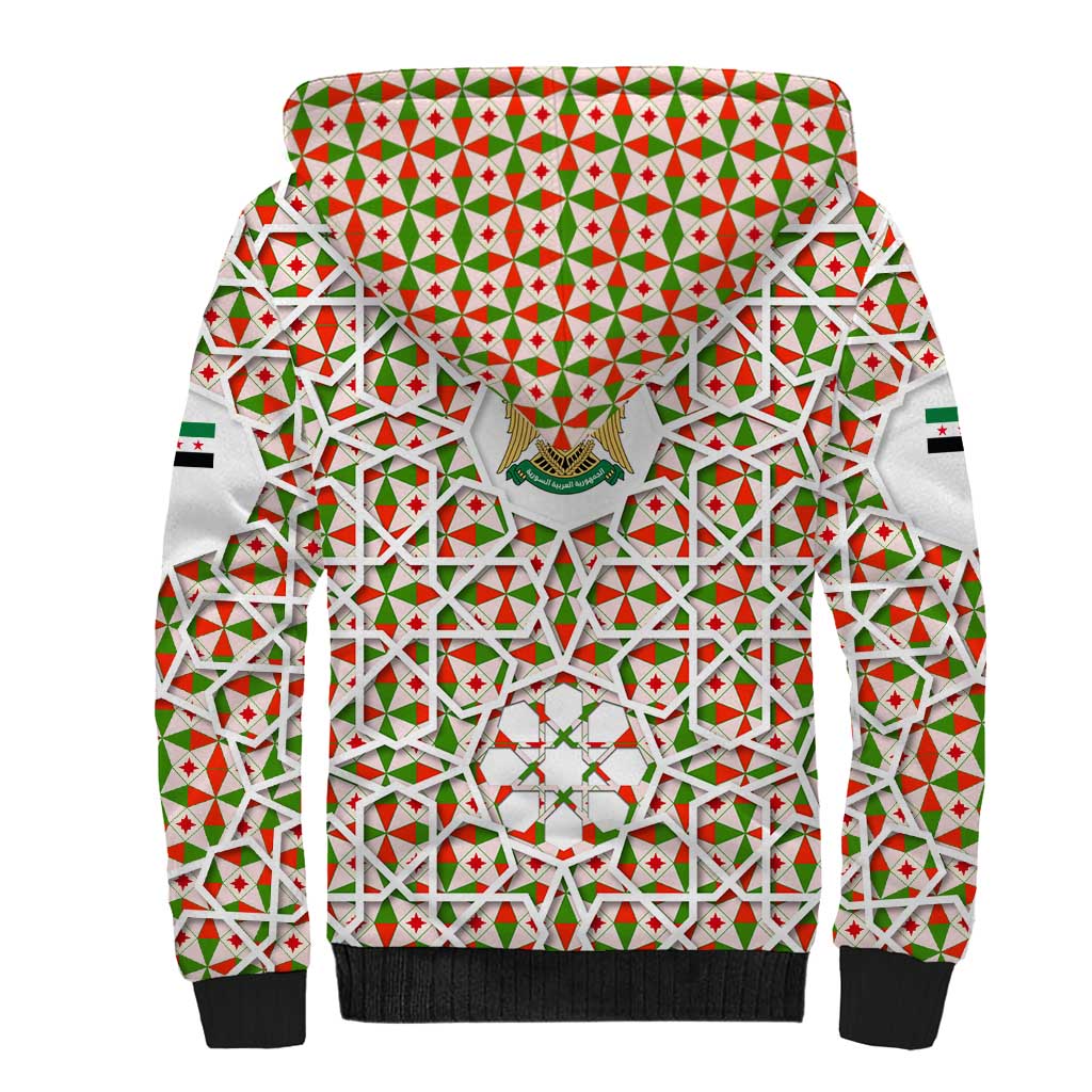 Syria Geometric Pattern Sherpa Hoodie with Traditional Arab Tile Motif and Flag Emblem