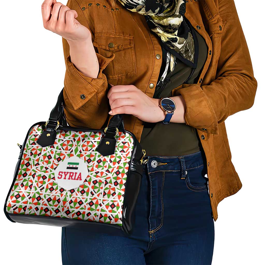 Syria Geometric Pattern Shoulder Handbag with Traditional Arab Tile Motif and Flag Emblem
