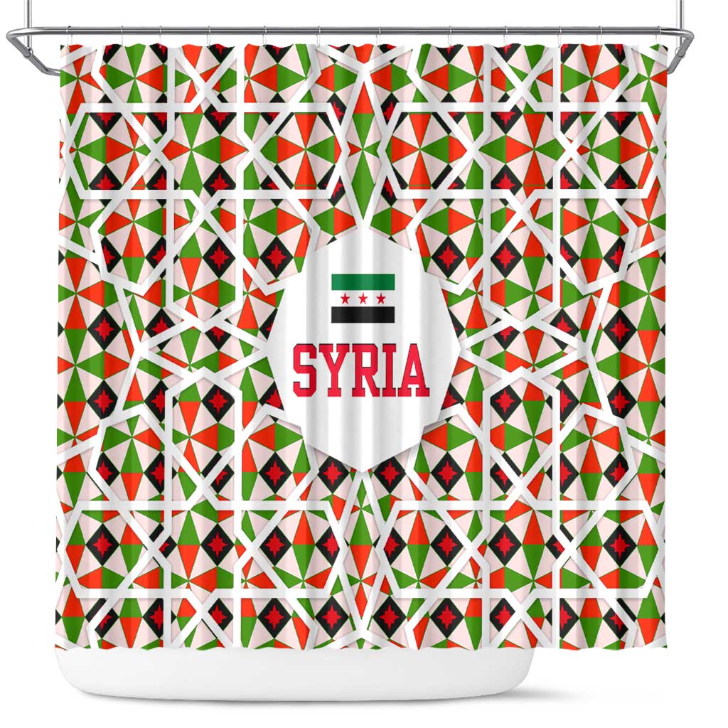 Syria Geometric Pattern Shower Curtain with Traditional Arab Tile Motif and Flag Emblem