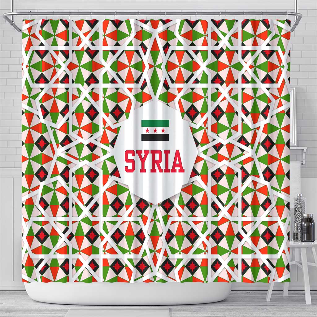 Syria Geometric Pattern Shower Curtain with Traditional Arab Tile Motif and Flag Emblem