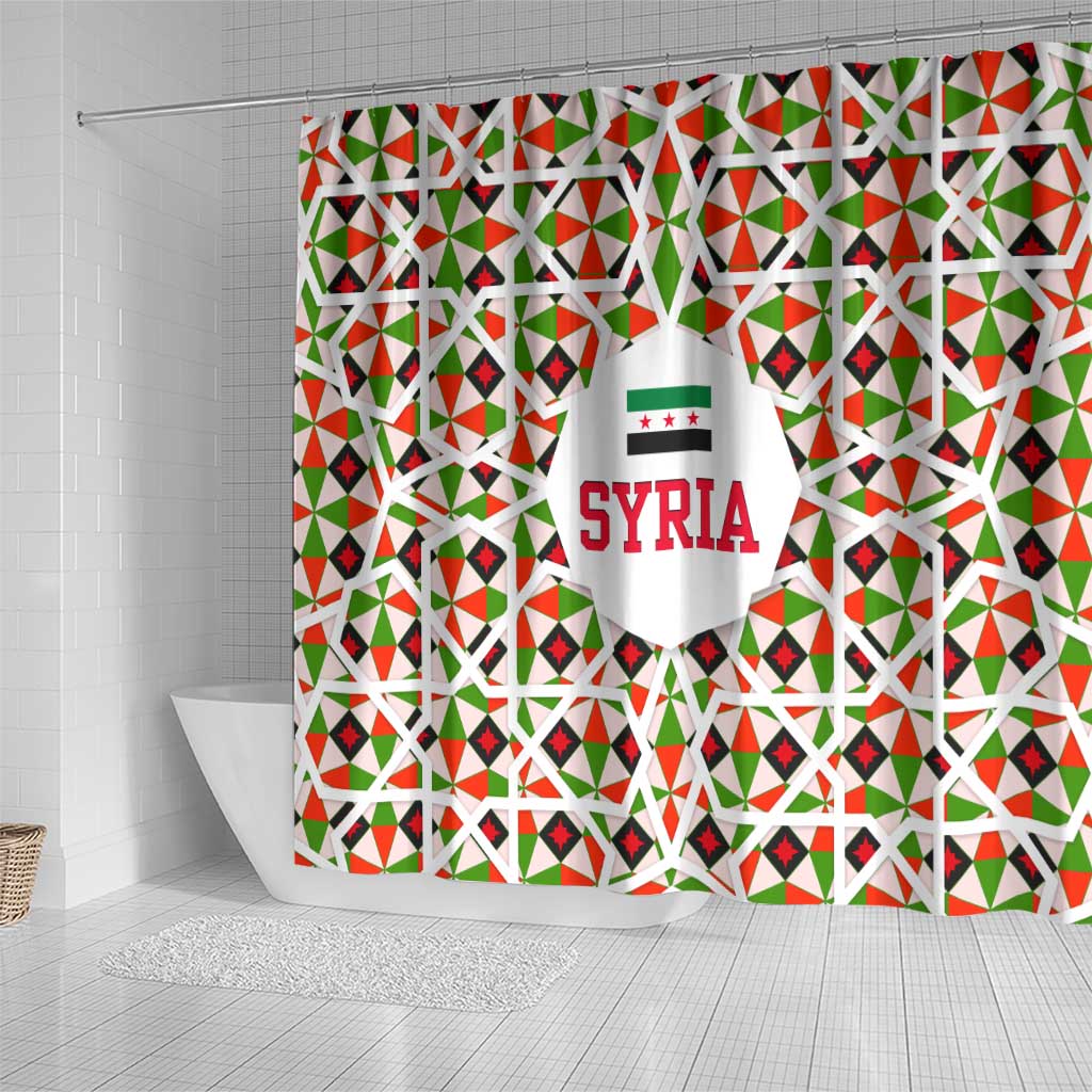 Syria Geometric Pattern Shower Curtain with Traditional Arab Tile Motif and Flag Emblem