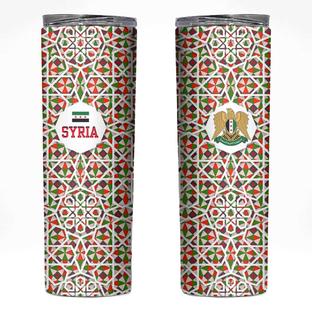 Syria Geometric Pattern Skinny Tumbler with Traditional Arab Tile Motif and Flag Emblem
