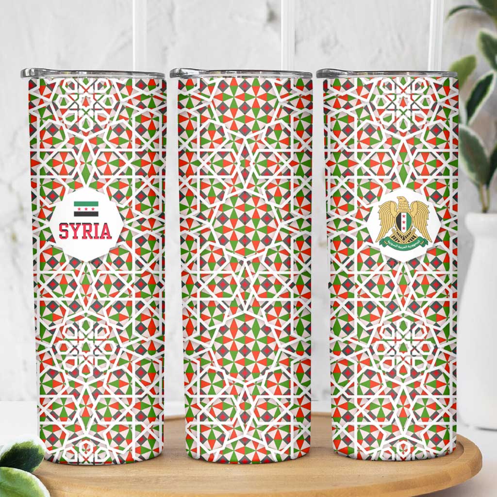 Syria Geometric Pattern Skinny Tumbler with Traditional Arab Tile Motif and Flag Emblem