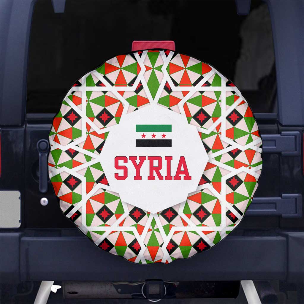 Syria Geometric Pattern Spare Tire Cover with Traditional Arab Tile Motif and Flag Emblem