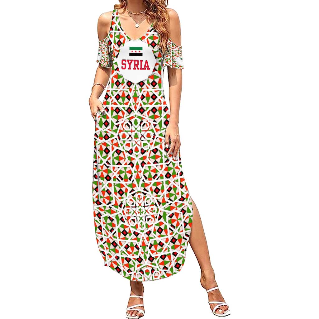 Syria Geometric Pattern Summer Maxi Dress with Traditional Arab Tile Motif and Flag Emblem