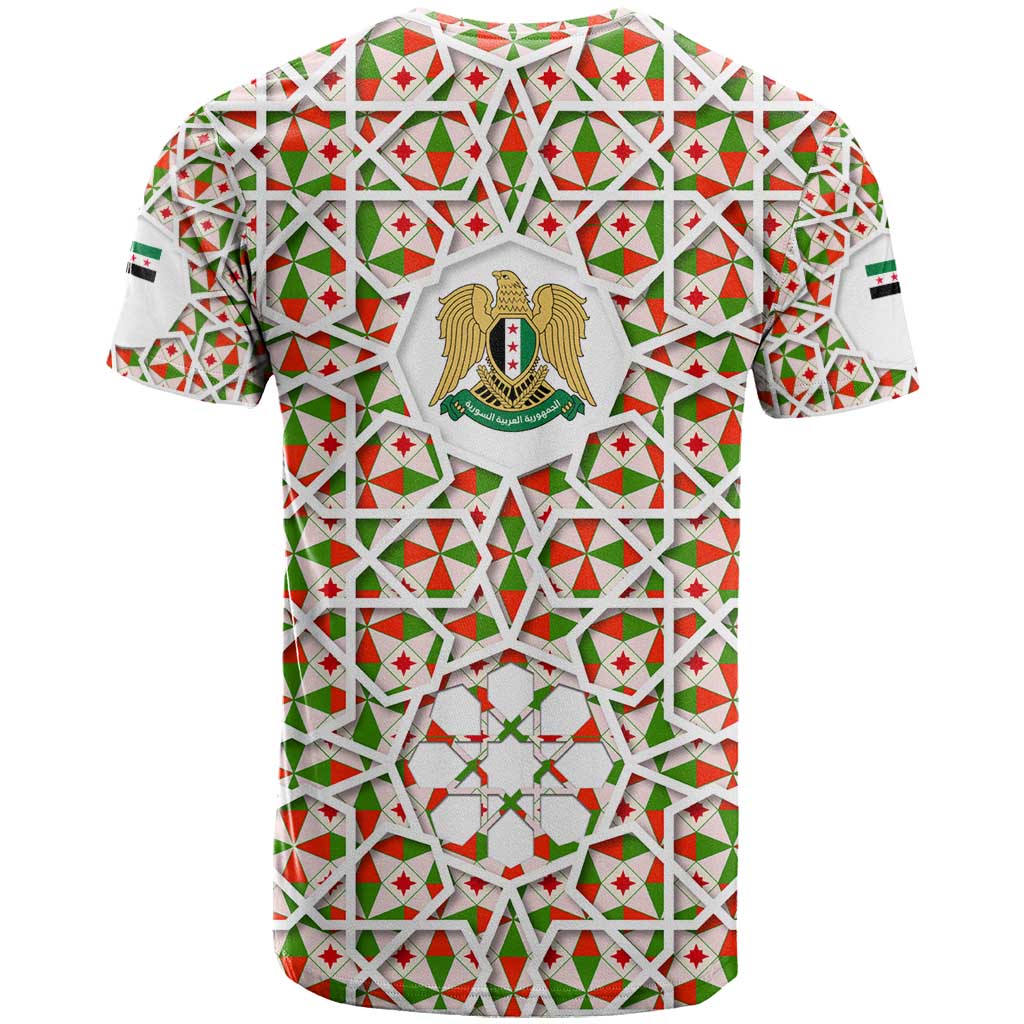 Syria Geometric Pattern T Shirt with Traditional Arab Tile Motif and Flag Emblem