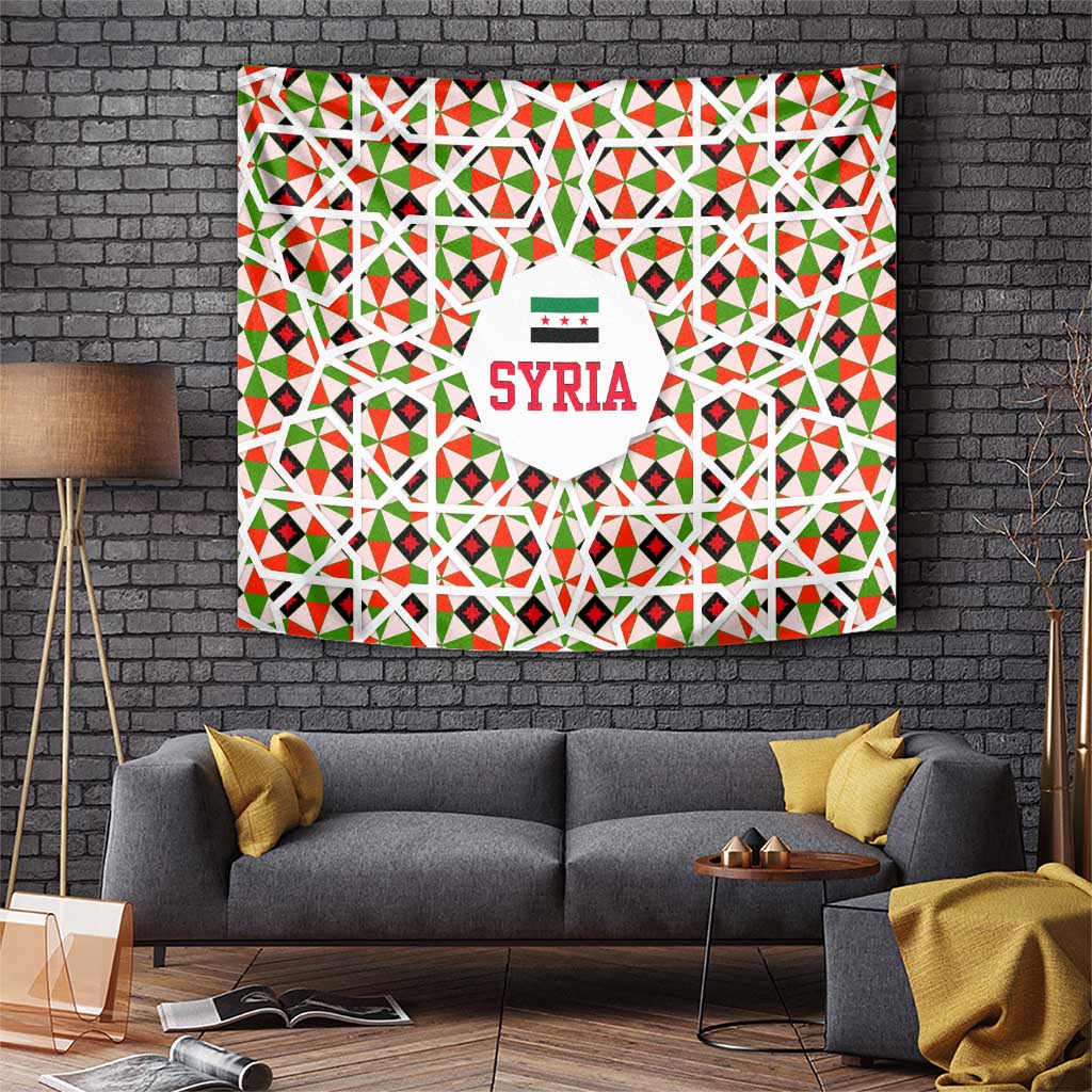 Syria Geometric Pattern Tapestry with Traditional Arab Tile Motif and Flag Emblem