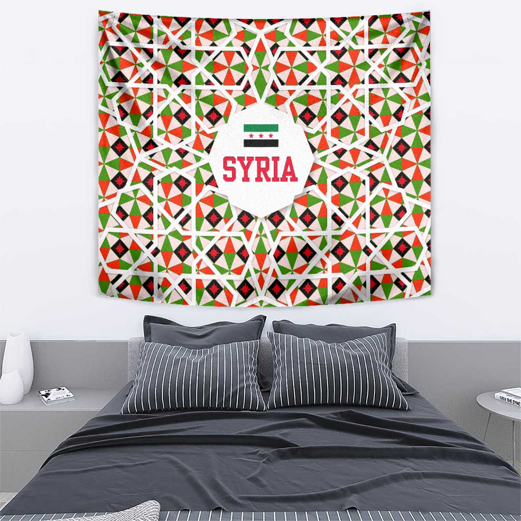 Syria Geometric Pattern Tapestry with Traditional Arab Tile Motif and Flag Emblem