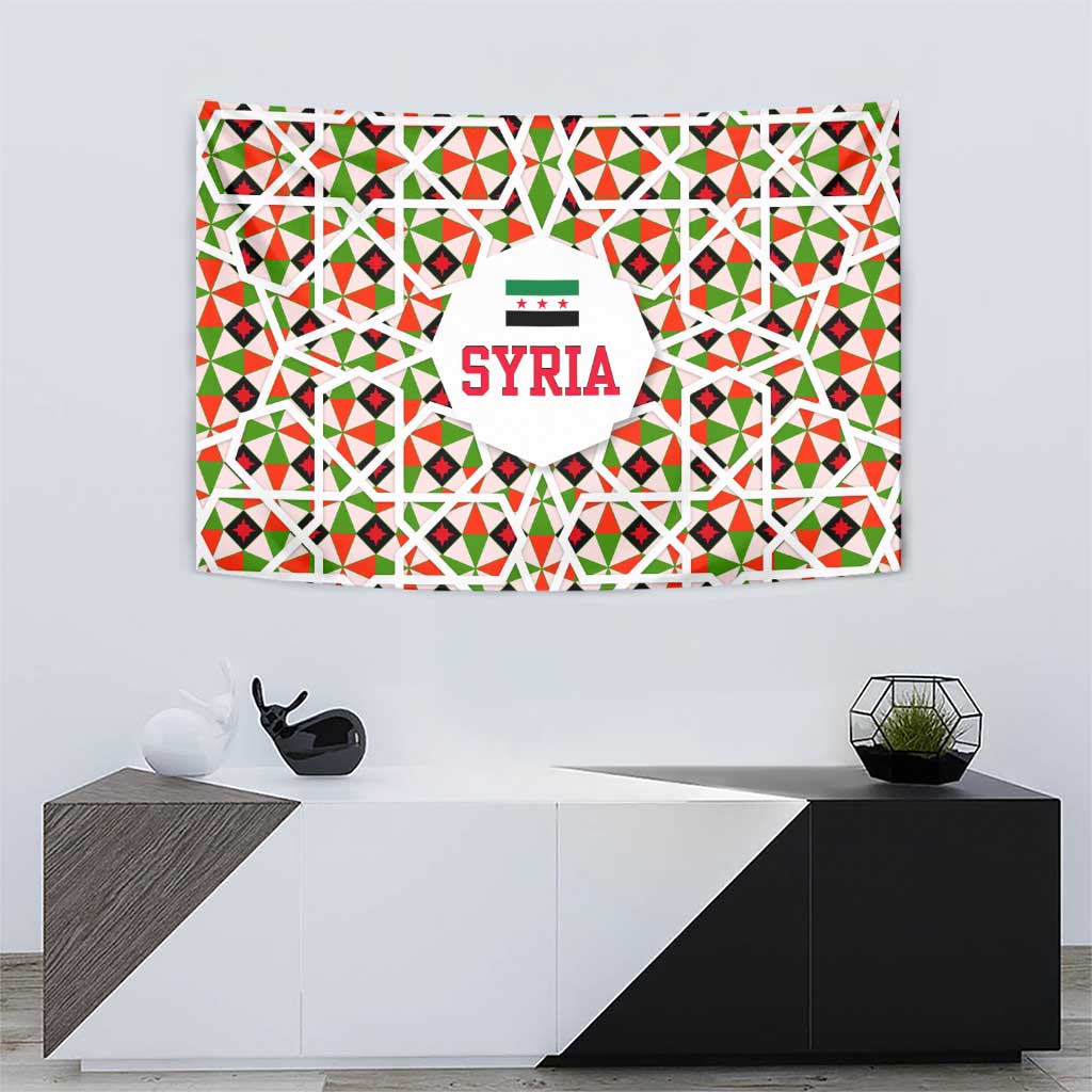 Syria Geometric Pattern Tapestry with Traditional Arab Tile Motif and Flag Emblem