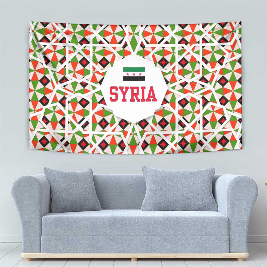 Syria Geometric Pattern Tapestry with Traditional Arab Tile Motif and Flag Emblem