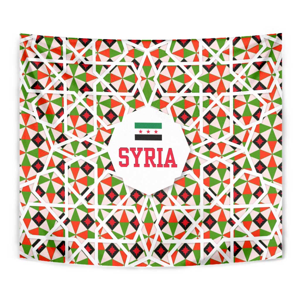 Syria Geometric Pattern Tapestry with Traditional Arab Tile Motif and Flag Emblem