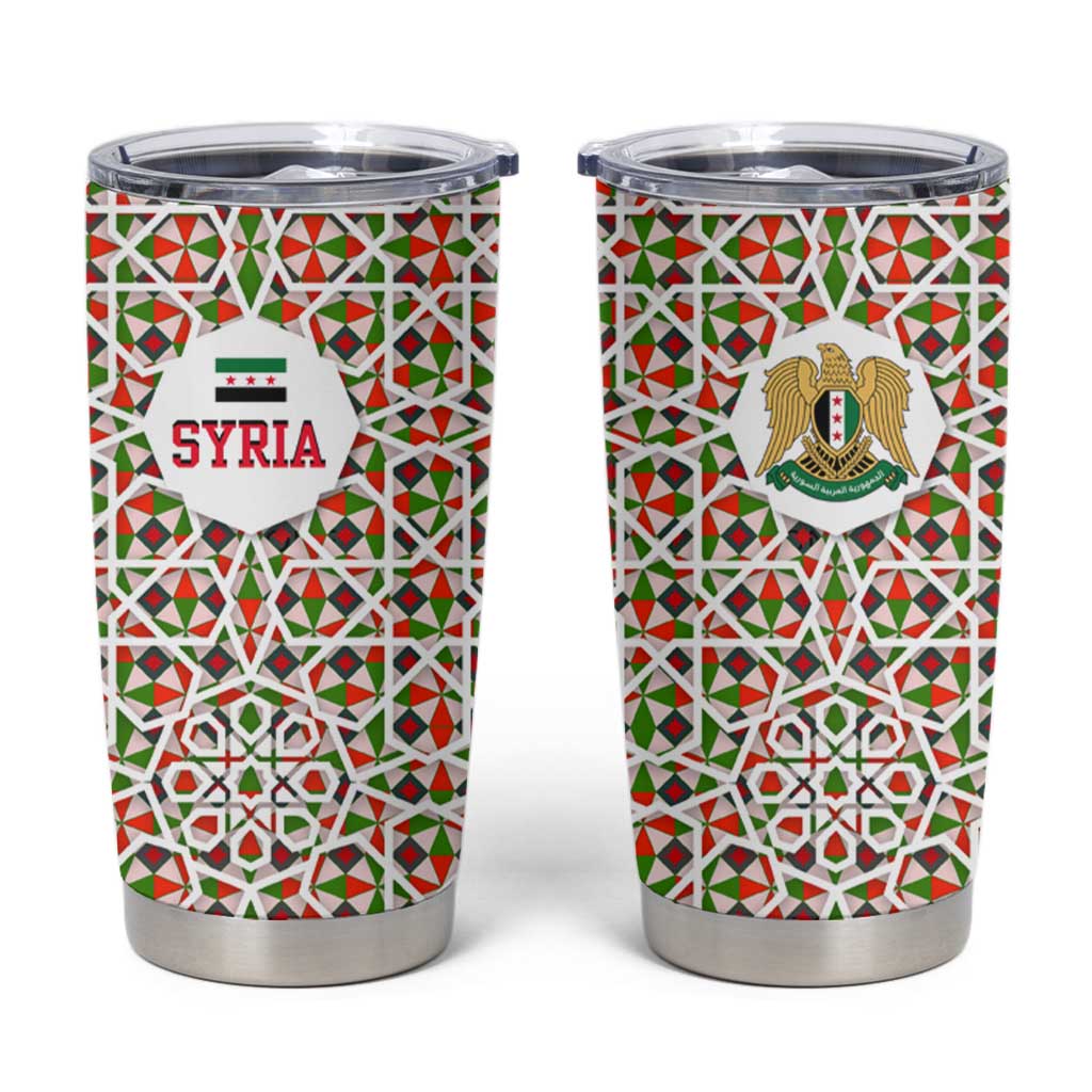 Syria Geometric Pattern Tumbler Cup with Traditional Arab Tile Motif and Flag Emblem