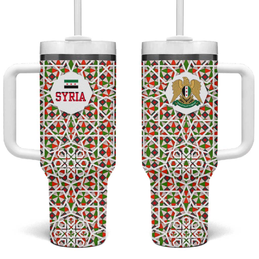 Syria Geometric Pattern Tumbler With Handle with Traditional Arab Tile Motif and Flag Emblem