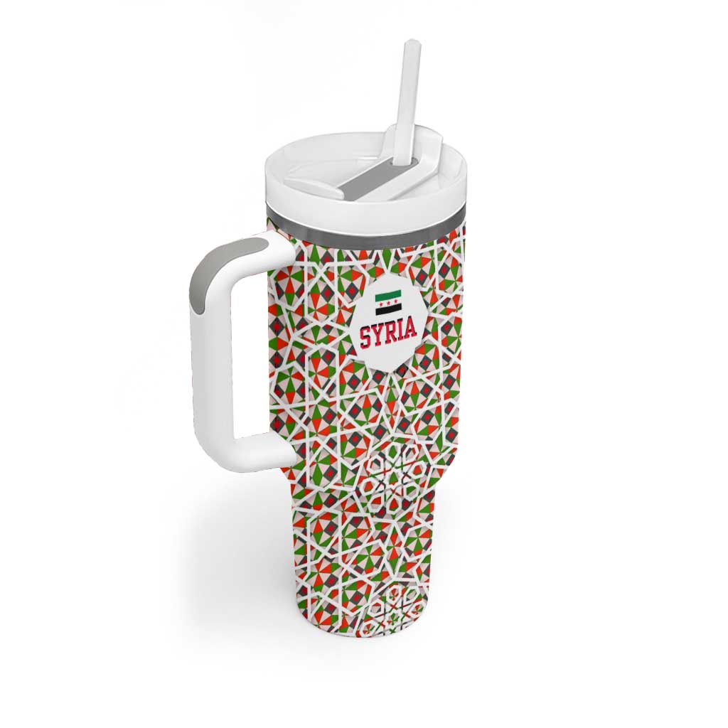 Syria Geometric Pattern Tumbler With Handle with Traditional Arab Tile Motif and Flag Emblem