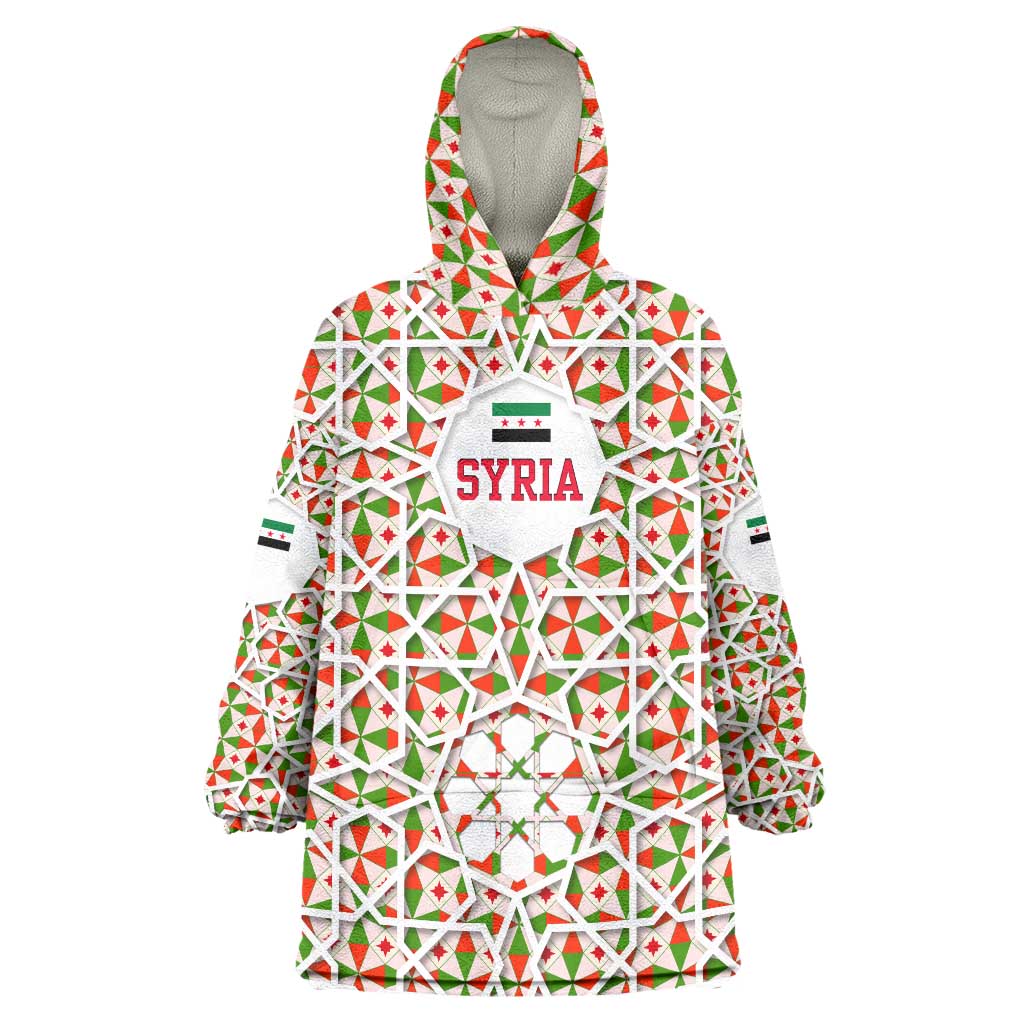 Syria Geometric Pattern Wearable Blanket Hoodie with Traditional Arab Tile Motif and Flag Emblem