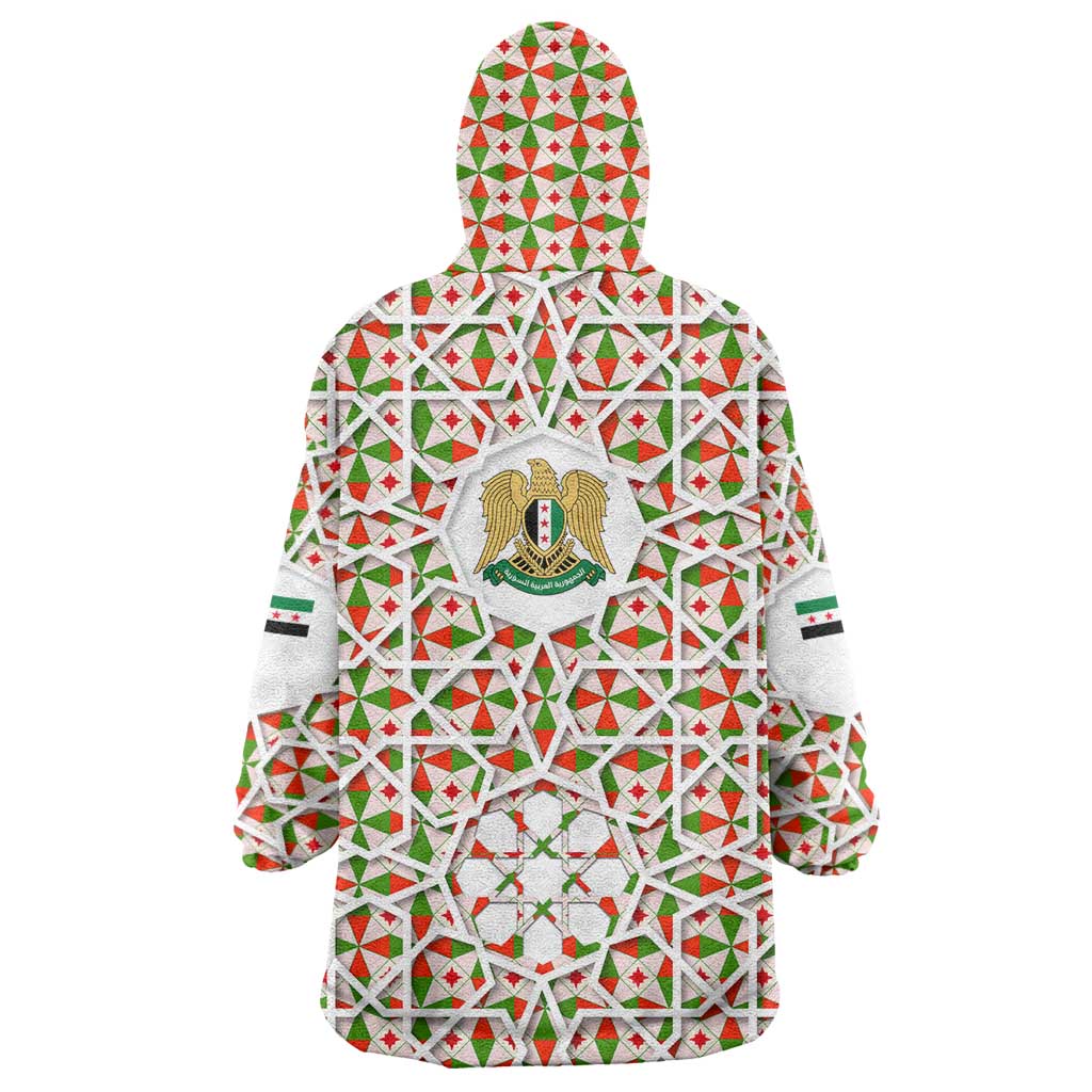 Syria Geometric Pattern Wearable Blanket Hoodie with Traditional Arab Tile Motif and Flag Emblem