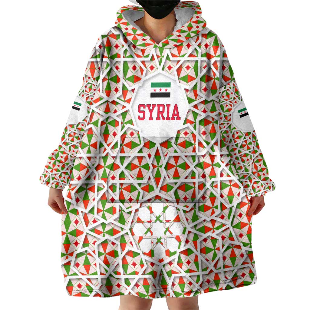 Syria Geometric Pattern Wearable Blanket Hoodie with Traditional Arab Tile Motif and Flag Emblem