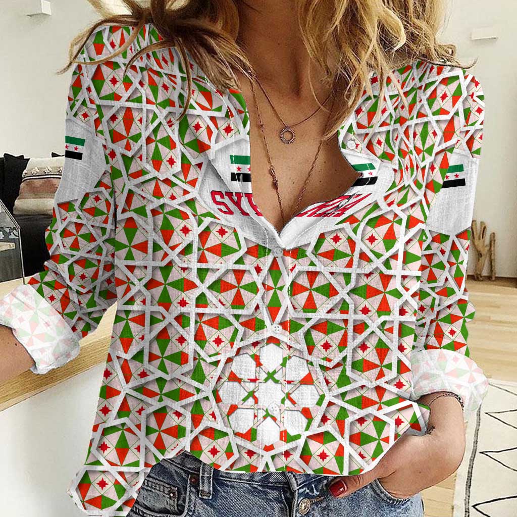 Syria Geometric Pattern Women Casual Shirt with Traditional Arab Tile Motif and Flag Emblem