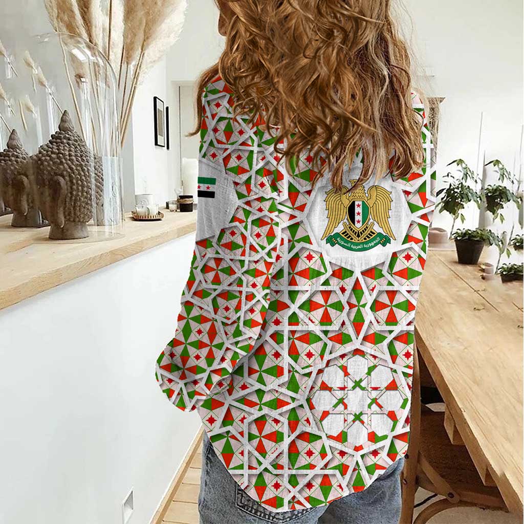 Syria Geometric Pattern Women Casual Shirt with Traditional Arab Tile Motif and Flag Emblem