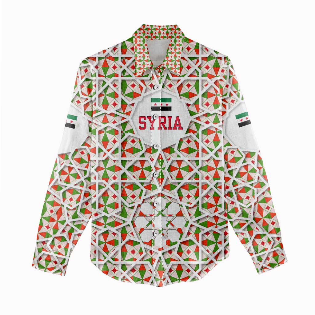 Syria Geometric Pattern Women Casual Shirt with Traditional Arab Tile Motif and Flag Emblem